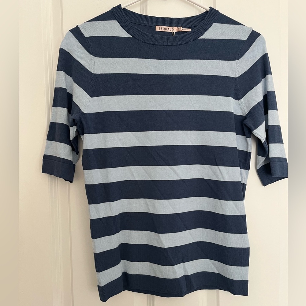 Esqualo - Short Sleeve Striped Sweater in Ocean/Light Blue, XS